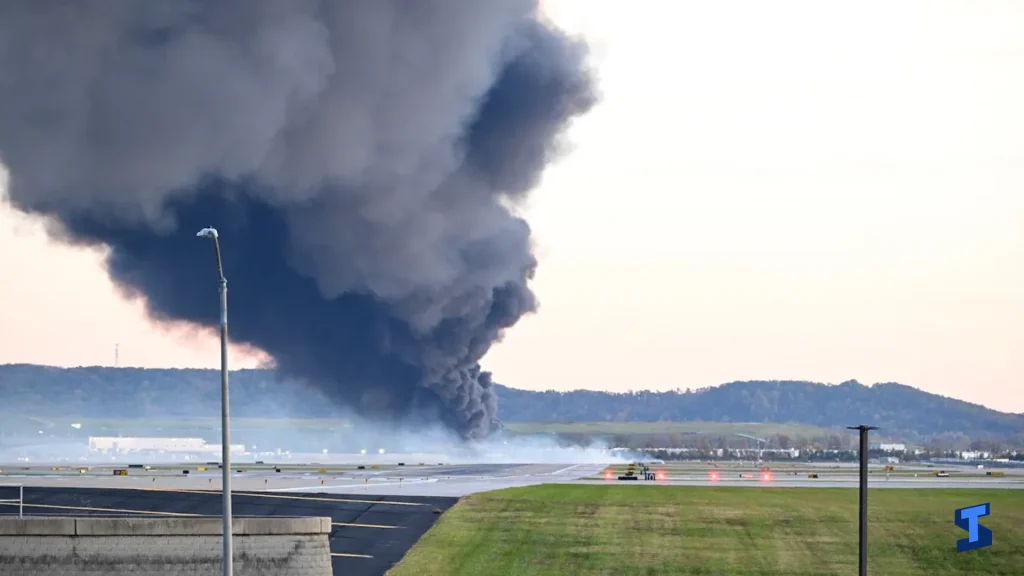A large column of dark smoke rising near an airport runway, with runway lights, open grass, distant hills, and a pale sky visible in the background.