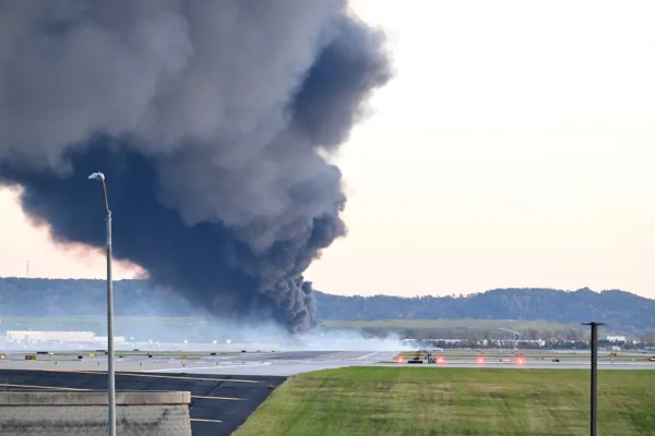 A large column of dark smoke rising near an airport runway, with runway lights, open grass, distant hills, and a pale sky visible in the background.