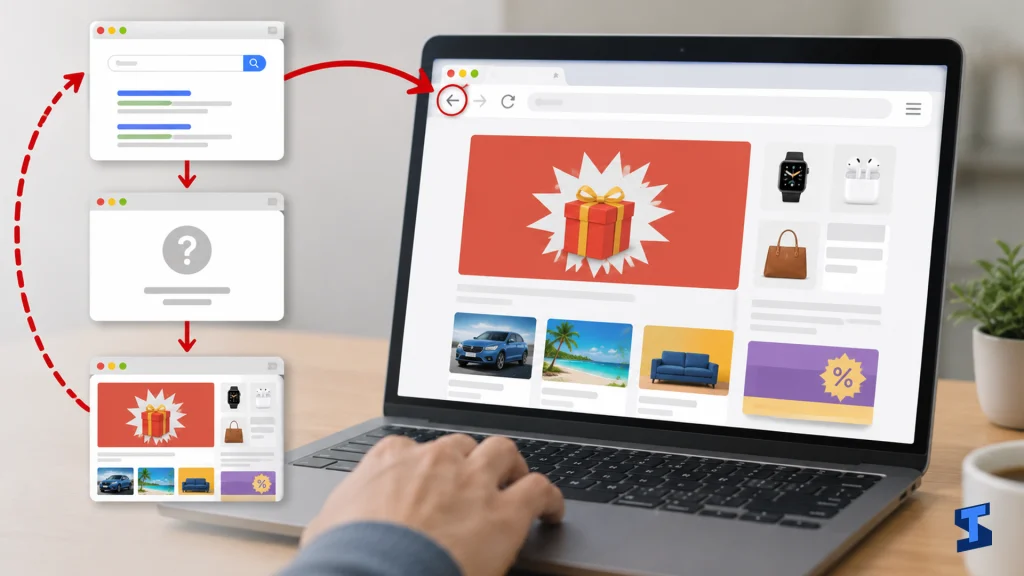 A laptop screen shows a web browser with the back button highlighted while a looping navigation path redirects from a search results page to an unknown page and then to an ad-filled page, showing how users can be prevented from returning to the previous website.