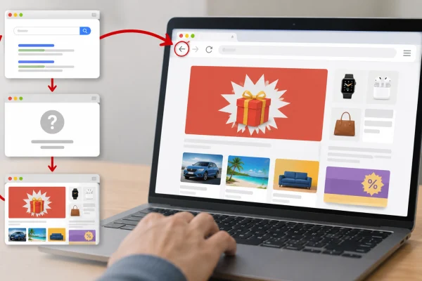 A laptop screen shows a web browser with the back button highlighted while a looping navigation path redirects from a search results page to an unknown page and then to an ad-filled page, showing how users can be prevented from returning to the previous website.