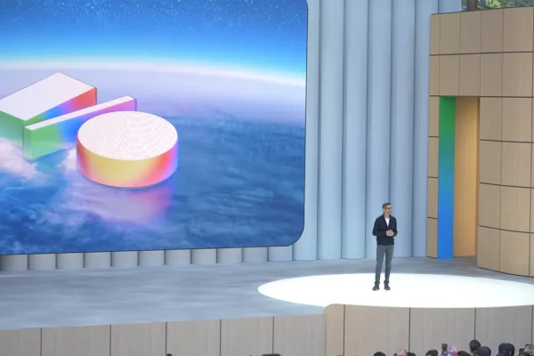 Google I/O keynote stage with a presenter standing under a spotlight beside a large screen showing colorful AI-themed 3D shapes above a cloud-like background.