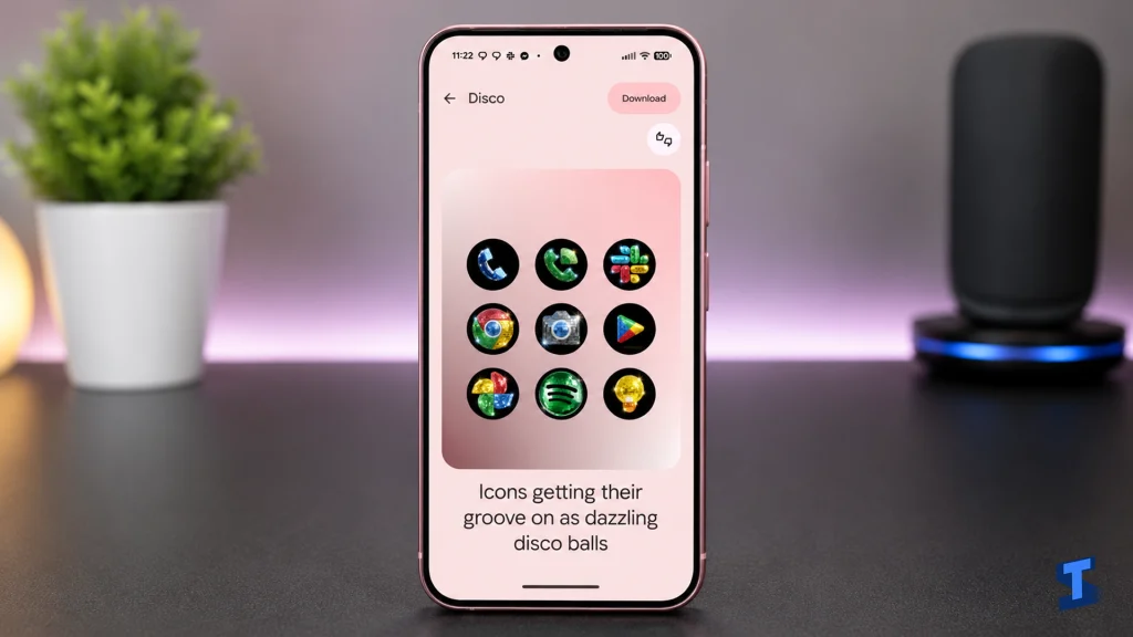 Pink Google Pixel phone standing upright on a dark professional tech table with the Disco icon theme screen open, showing colorful sparkling app icons, a Download button, soft lighting, and a blurred plant in the background.