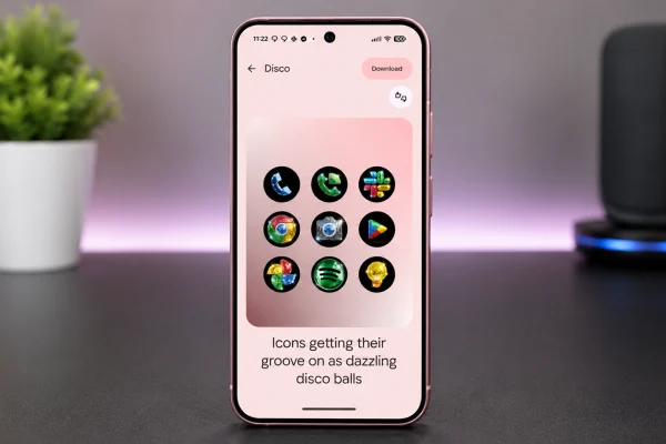 Pink Google Pixel phone standing upright on a dark professional tech table with the Disco icon theme screen open, showing colorful sparkling app icons, a Download button, soft lighting, and a blurred plant in the background.
