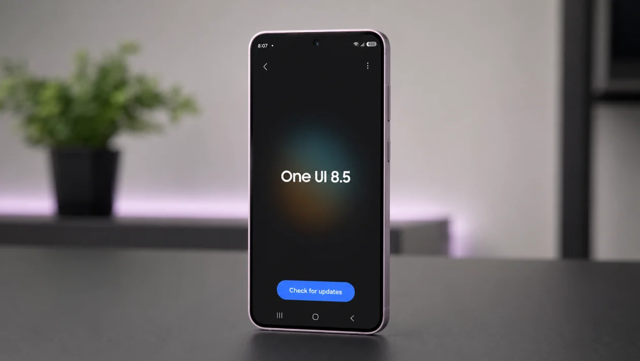 Samsung Galaxy S23 standing upright on a clean dark professional tech table with the One UI 8.5 update screen open, showing a Check for updates button, soft studio lighting, and a blurred plant in the background.