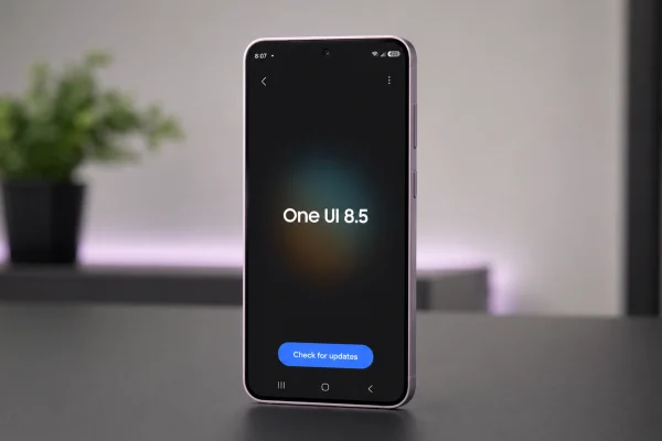 Samsung Galaxy S23 standing upright on a clean dark professional tech table with the One UI 8.5 update screen open, showing a Check for updates button, soft studio lighting, and a blurred plant in the background.