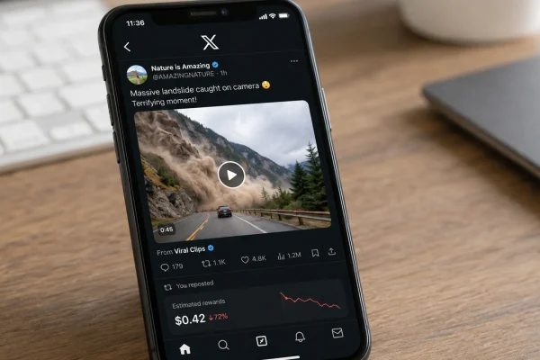 Smartphone on a wooden desk showing an X video post with a viral landslide clip, repost activity, engagement metrics, and a reduced estimated rewards panel below the post.