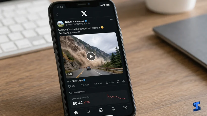 Smartphone on a wooden desk showing an X video post with a viral landslide clip, repost activity, engagement metrics, and a reduced estimated rewards panel below the post.