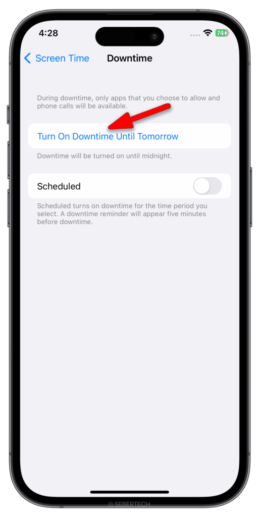 Tap Turn On Downtime Until Tomorrow.