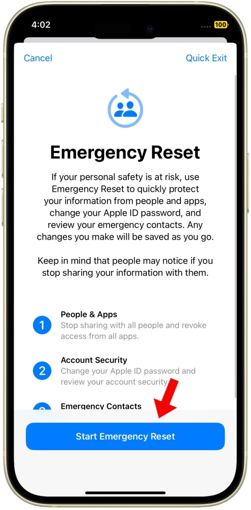 Tap Emergency Reset iPhone15