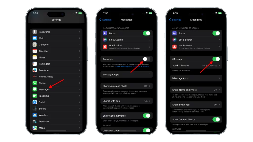 This image demonstrates how to deactivate and reactivate iMessage on iPhone 15.