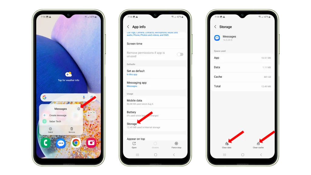 This image shows how to clear the cache and data of the Messages app on Samsung Galaxy A14.
