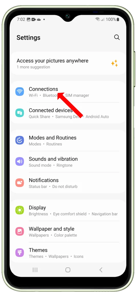  tap Connections. Connections is the section of the Settings app where you can manage all of your device's connections, including Bluetooth, Wi-Fi, and cellular data.