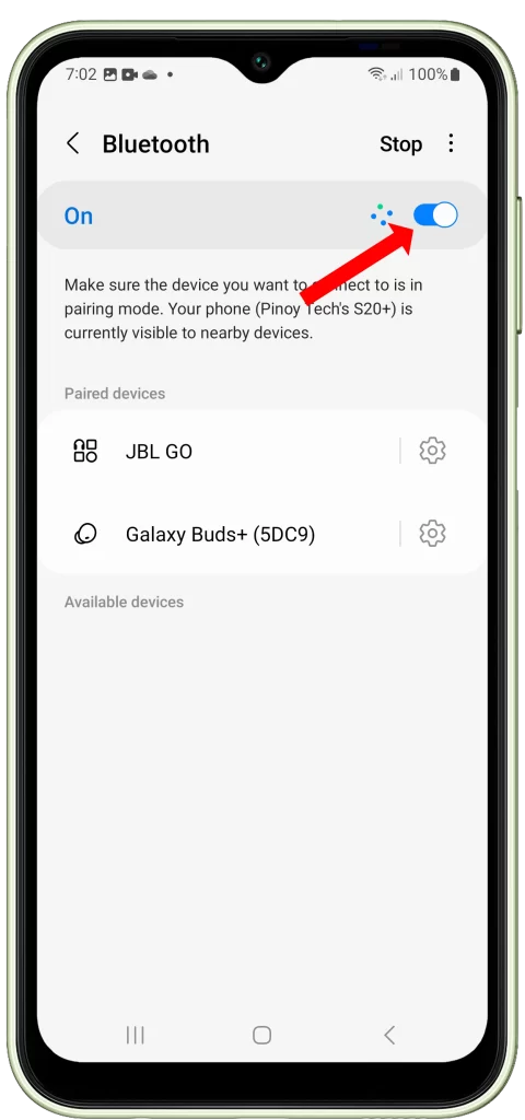 toggle the switch next to Bluetooth to the On position. The toggle switch next to Bluetooth will turn Bluetooth on or off. When the switch is green, Bluetooth is turned on. When the switch is gray, Bluetooth is turned off.