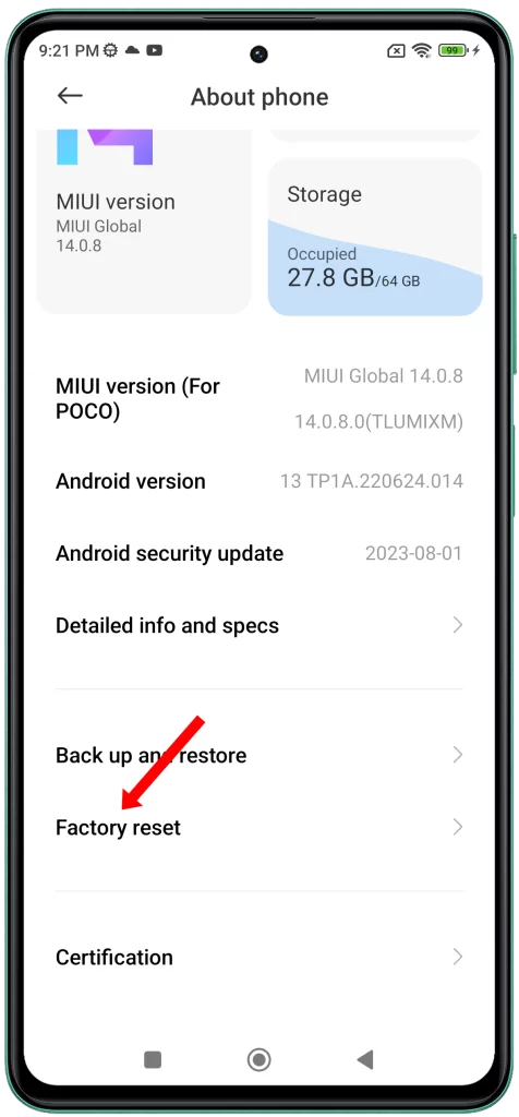Tap Factory reset on Poco M6 Pro 5G.