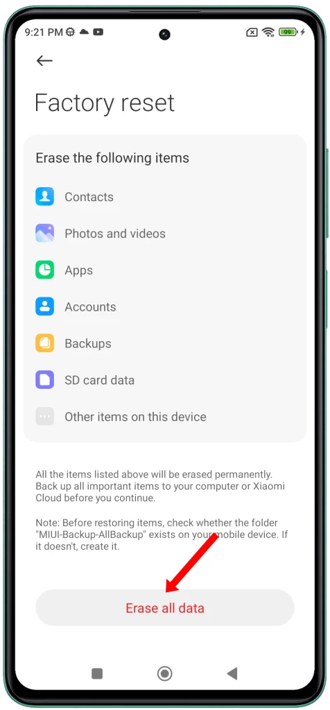 Tap Erase all data on Poco M6 Pro 5G.