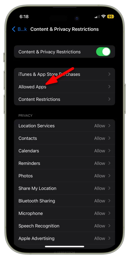 Tap Allowed Apps on iPhone 15.