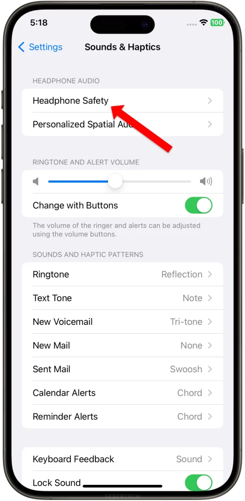 Tap Headphone Safety on iPhone 15.