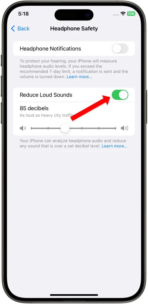 Enable Reduce Loud Sounds switch on iPhone 15.