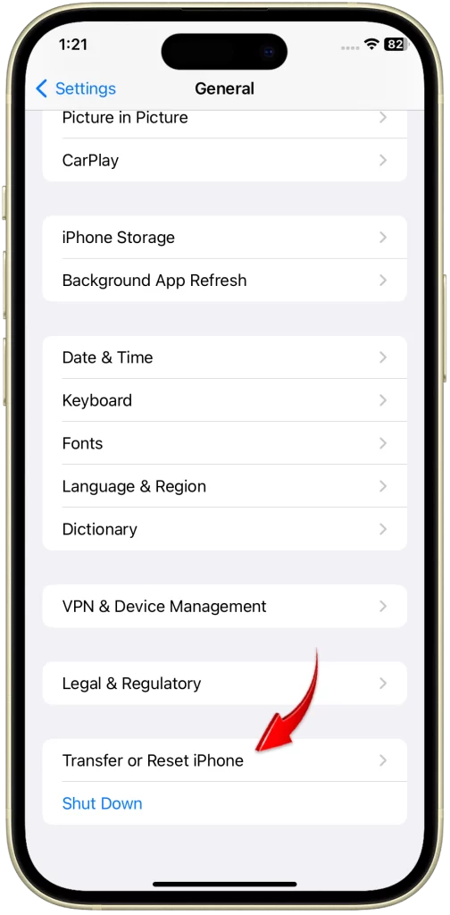 Select Transfer or Reset iPhone on your iPhone 15