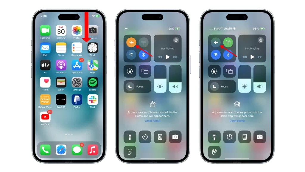 This is the process of disabling and re-enabling the Airplane Mode from the Control Center of an iPhone 15.