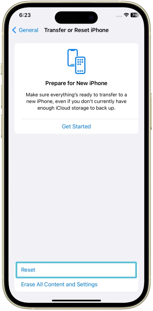 Tap Reset - iPhone 15