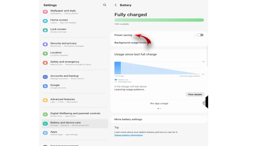 Enable Galaxy Tab S9 Power Saving mode