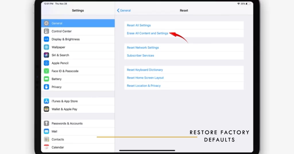 Reset iPad to factory defaults (factory reset)