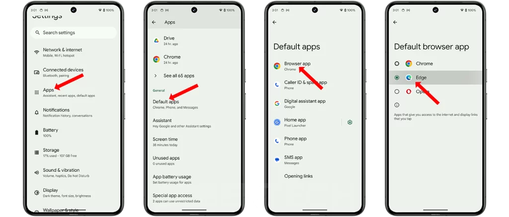 Open the Settings app.

Tap on Apps.

Tap on Default apps.

Tap on Browser app.

Tap on the browser you want to use as the default.