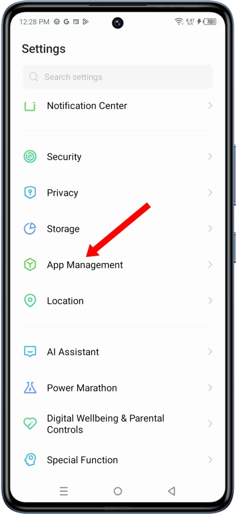 Within the Settings menu, scroll down and find the "App Management" option. Tap on it to access the application management settings.