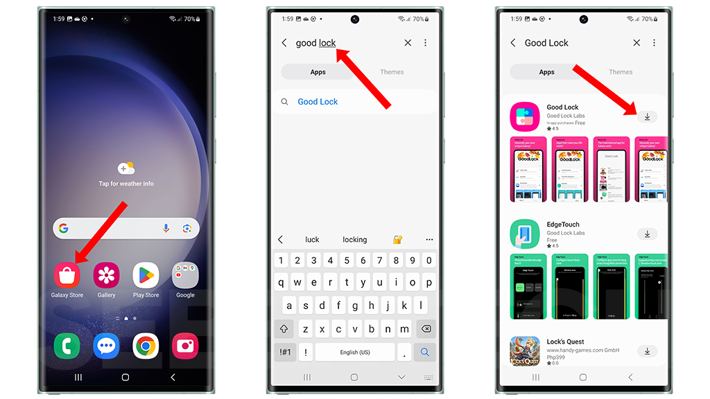 The image shows how to install the Good Lock app from the Galaxy Store. 