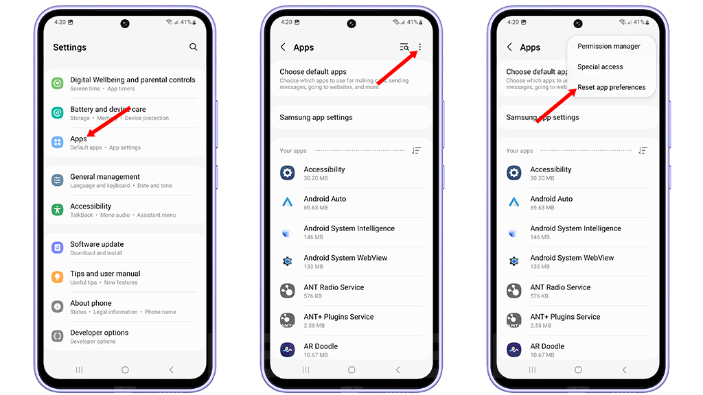 Image of a Samsung Galaxy A54 smartphone showing how to reset app preferences. The steps are as follows:

Open the Settings app.
Tap Apps.
Tap the three dots in the top right corner of the screen.
Tap Reset app preferences.
Tap Reset to confirm.
Resetting app preferences will restore all of your apps to their default settings. This includes things like default apps, notification settings, and app permissions. However, it will not delete any of your app data.