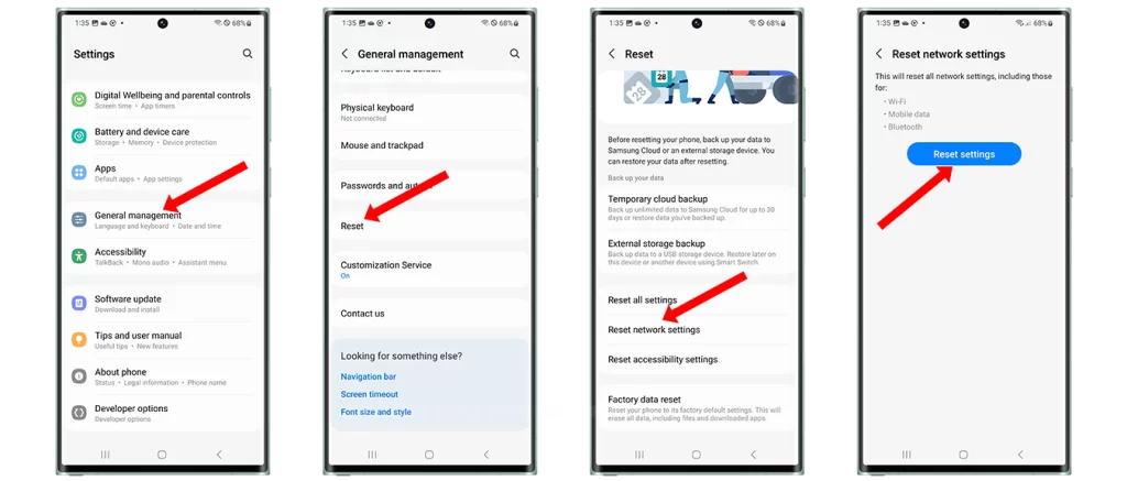 This image shows how to reset the network settings on a Galaxy S23 Ultra.