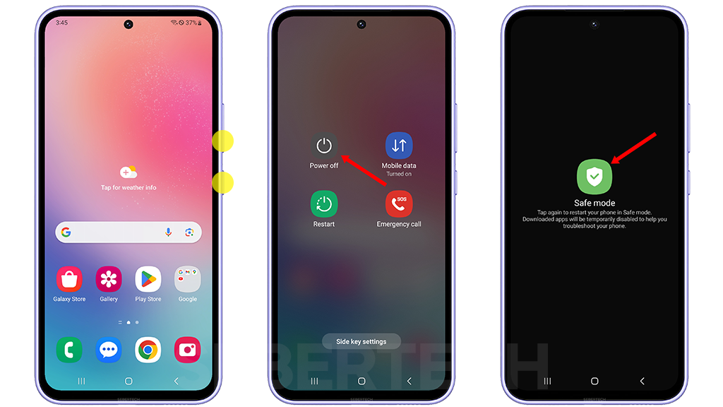 Image of a Samsung Galaxy A54 smartphone showing how to restart the phone in safe mode. The steps are as follows:

Press and hold the Power key and the Volume Down button until the power options show.
Tap and hold the Power off option until it turns to Safe mode.
Tap Safe mode to run the phone in safe mode.
Safe mode is a diagnostic mode that starts your phone with only the essential pre-installed apps and services running. This can be helpful for troubleshooting problems that are caused by third-party apps.