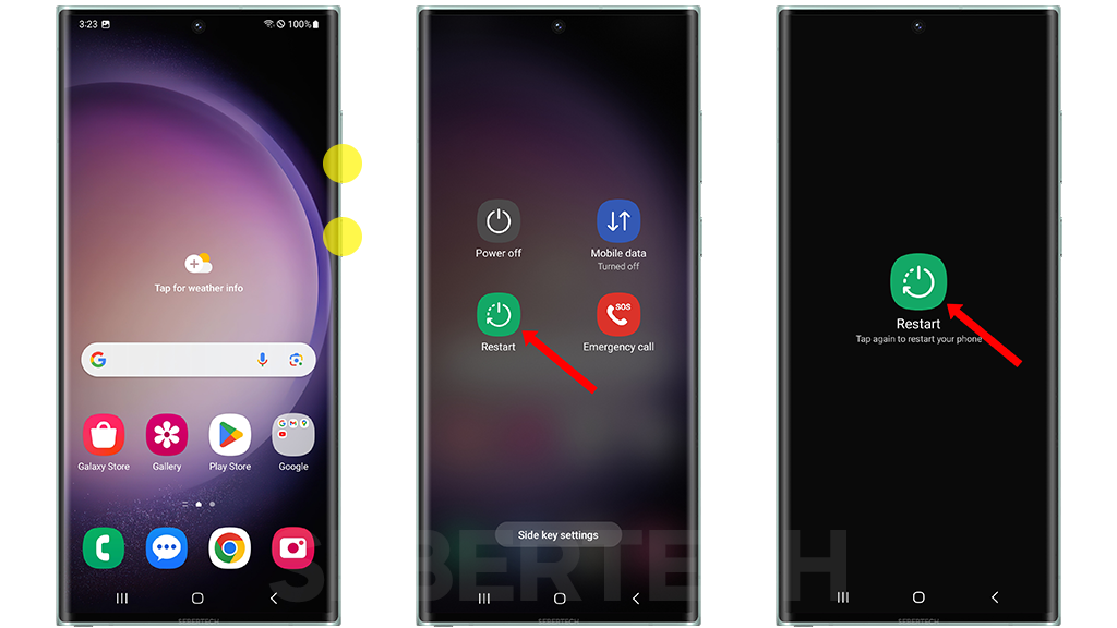 The image shows how to restart or reboot a Samsung Galaxy S23 Ultra.