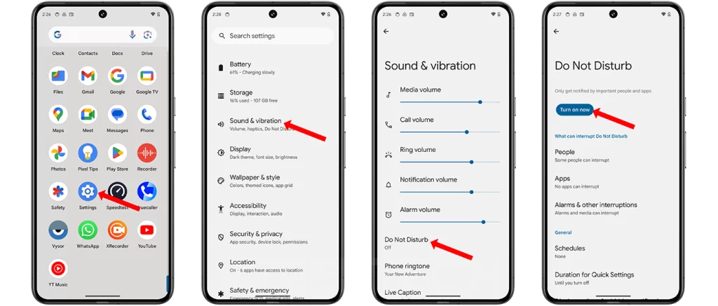 Step 1: Open the Settings App
Begin by unlocking your device and locating the "Settings" app. It's usually represented by a gear or cogwheel icon. Tap on it to open the settings.

Step 2: Access Sound & Vibration
In the settings menu, scroll down or look for the "Sound & Vibration" option. Tap on it to proceed.

Step 3: Navigate to Do Not Disturb
Within the "Sound & Vibration" section, you'll find various sound-related options. Look for "Do Not Disturb" and tap on it.

Step 4: Toggle Do Not Disturb
Now, you're in the "Do Not Disturb" settings. You'll see a toggle switch. To activate "Do Not Disturb" and silence your device, switch it to the 'on' position. If you want to disable "Do Not Disturb" and allow notifications again, switch it to 'off.'