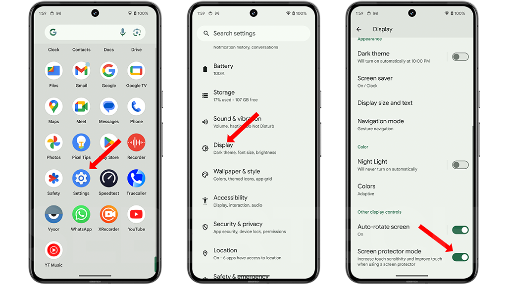 The image shows three pictures of Google Pixel 8 Pro. The first one is with red arrow pointing to the Settings app, the second picture shows the Settings menu with red arrow pointing to Display and the third one shows the Display settings screen with red arrow pointing to an enabled Screen protector mode switch. 