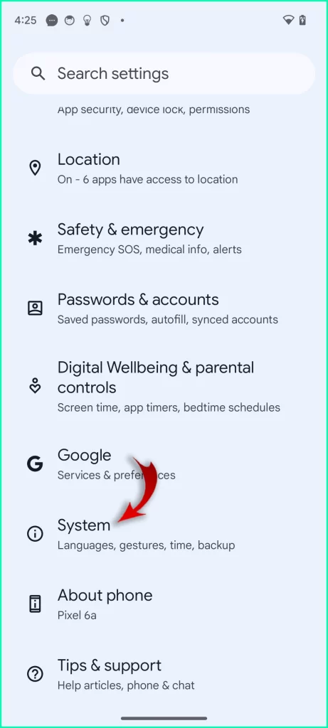 Google Pixel System settings