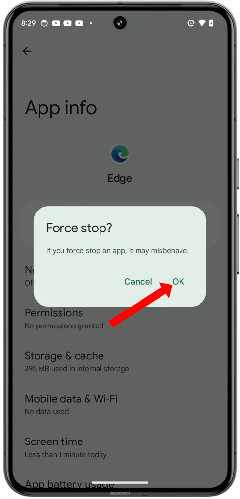 A confirmation pop-up will appear. Tap "OK" to confirm and force stop the app.